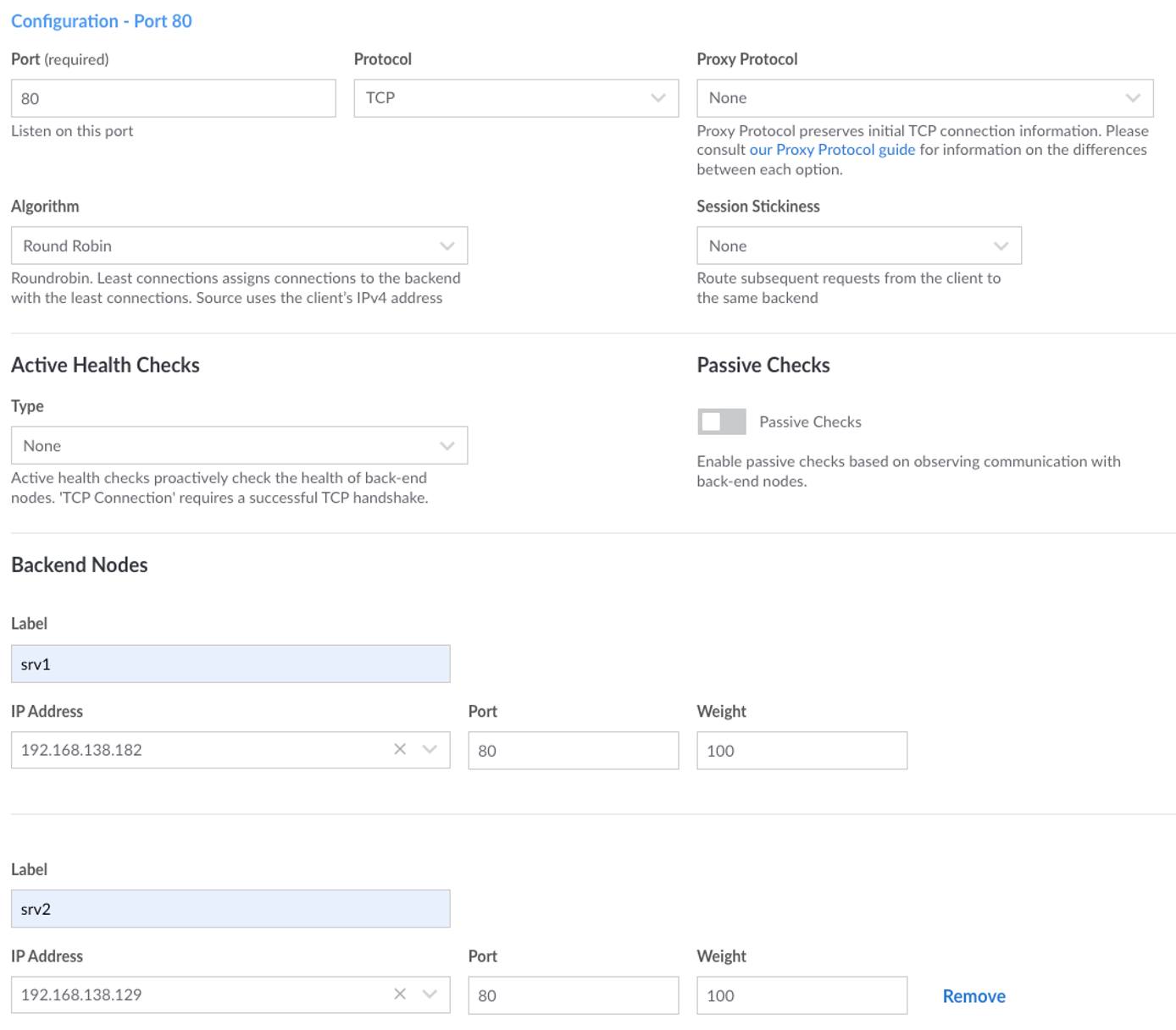 The NodeBalancer configuration screen after making the indicated changes. The NodeBalancer configuration screen after making the indicated changes.