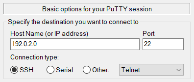 Destination details Screenshot of the destination server details form on PuTTY