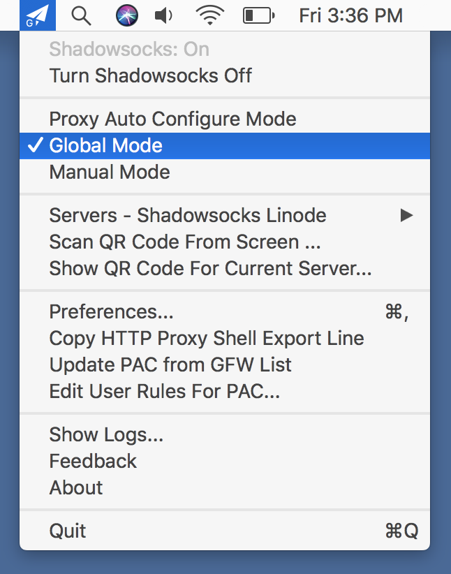 macOS Shadowsocks menu bar - Global Mode menu item macOS Shadowsocks menu bar - Global Mode menu item