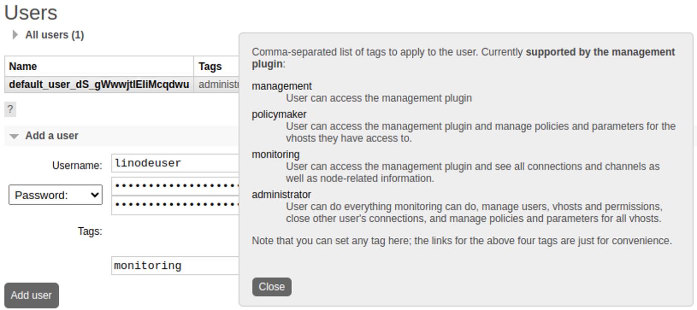 The Add User form in the RabbitMQ web interface, allowing input for username, password, and permission tags. The Add User form in the RabbitMQ web interface, allowing input for username, password, and permission tags.