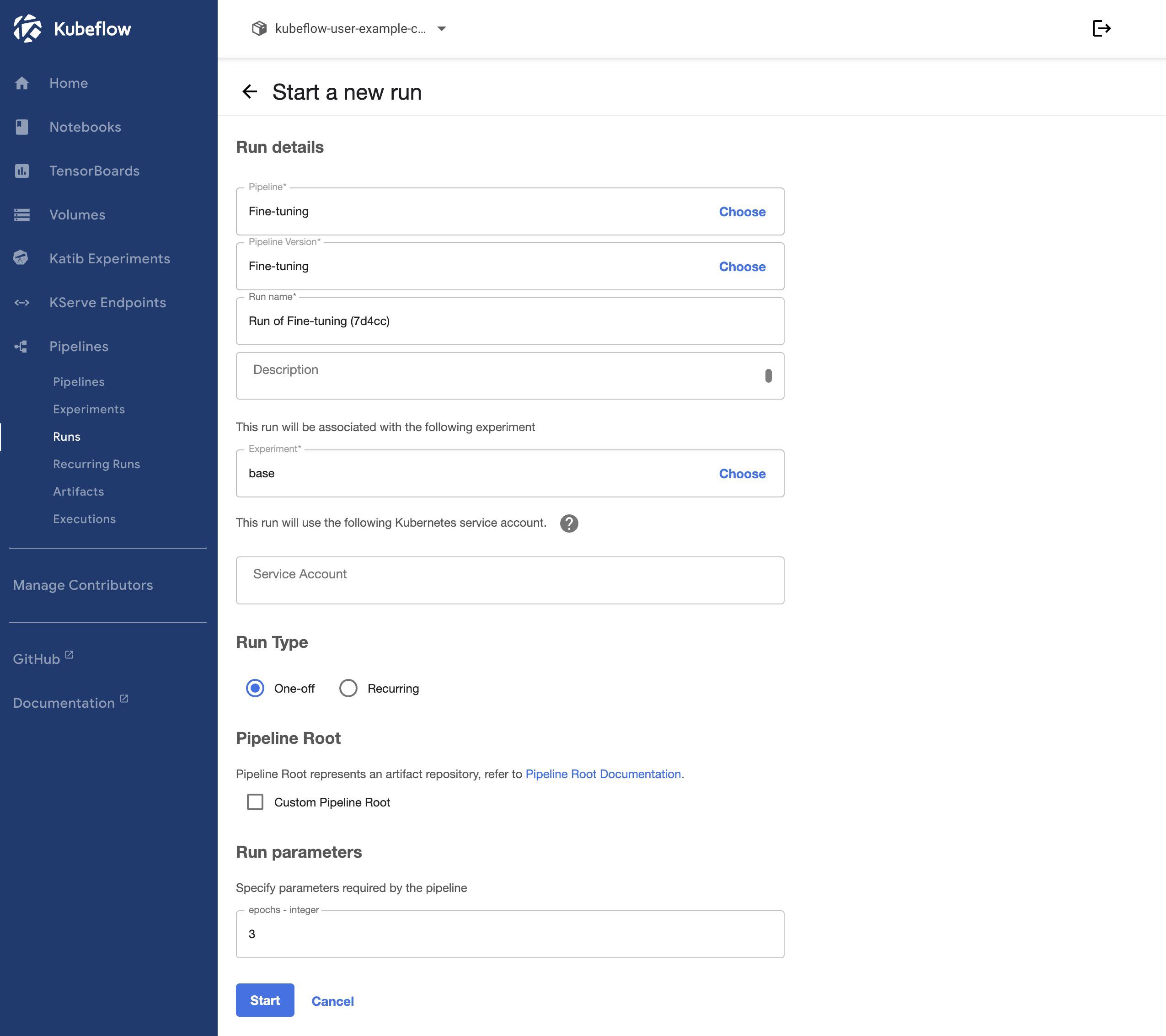 Screenshot of the Start a new run page within Kubeflow Screenshot of the Start a new run page within Kubeflow