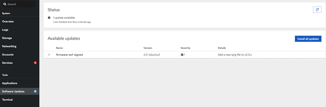 Cockpit Software Updates screen Cockpit Software Updates screen