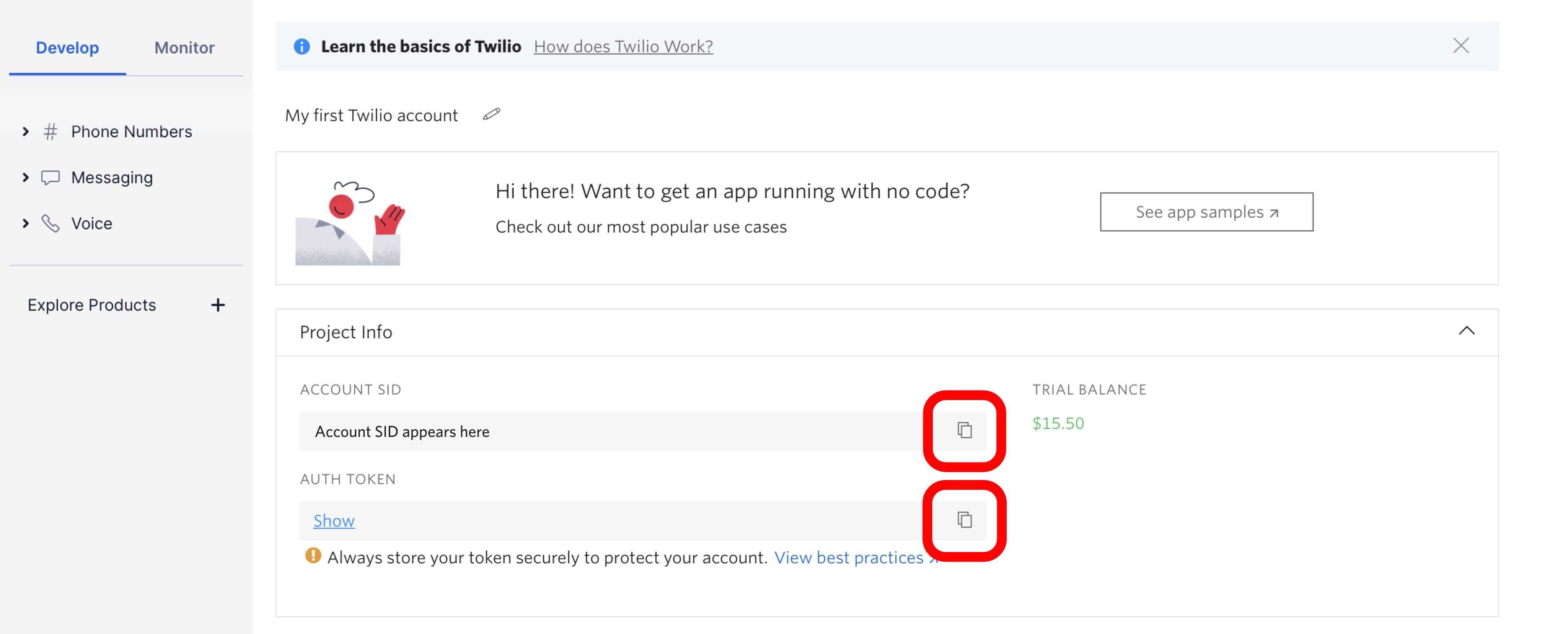 Twilio console - SID and auth token copy buttons highlighted Twilio console - SID and auth token copy buttons highlighted