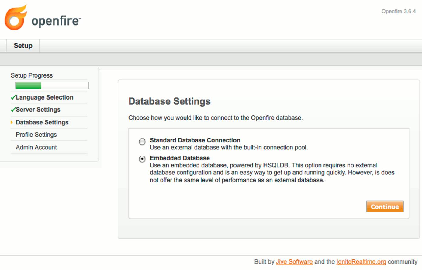 Database type selection in Openfire setup on CentOS 5. Database type selection in Openfire setup on CentOS 5.