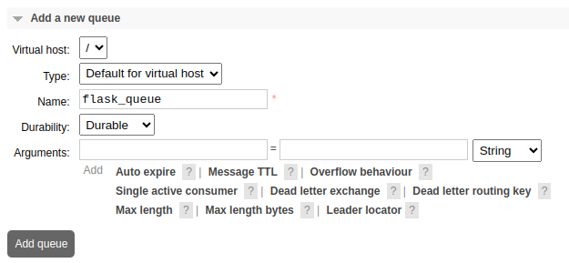 The RabbitMQ interface showing steps to create a new queue. The RabbitMQ interface showing steps to create a new queue.