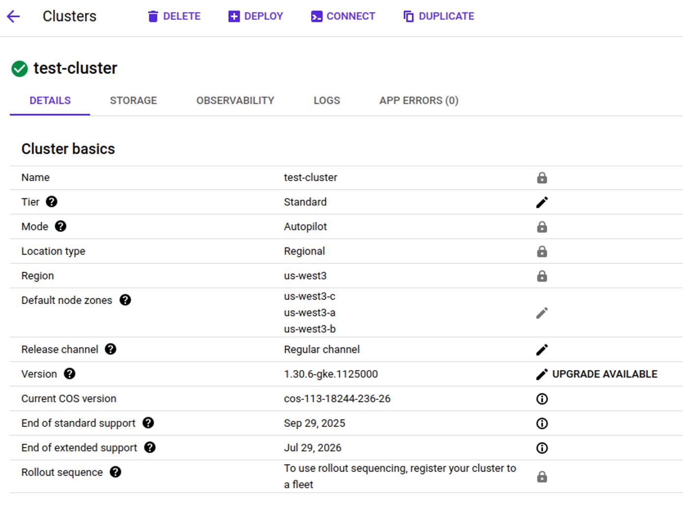 Google Cloud console displaying detailed information about a GKE cluster. Google Cloud console displaying detailed information about a GKE cluster.