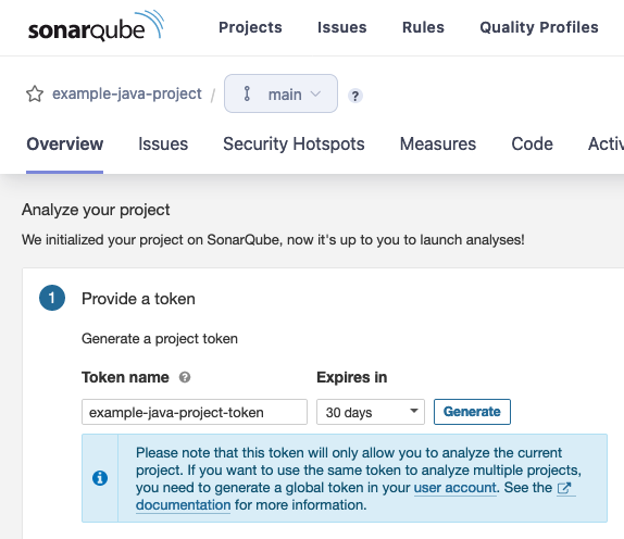 Generating a token for a new SonarQube project Generating a token for a new SonarQube project