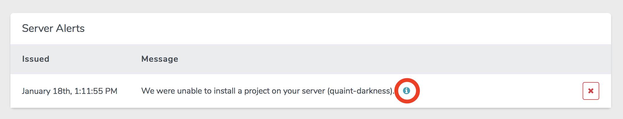 The server alerts panel Server Alerts