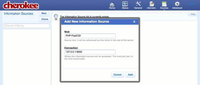 Creating a new information source on the Sources page of the Cherokee admin panel on Fedora 13.