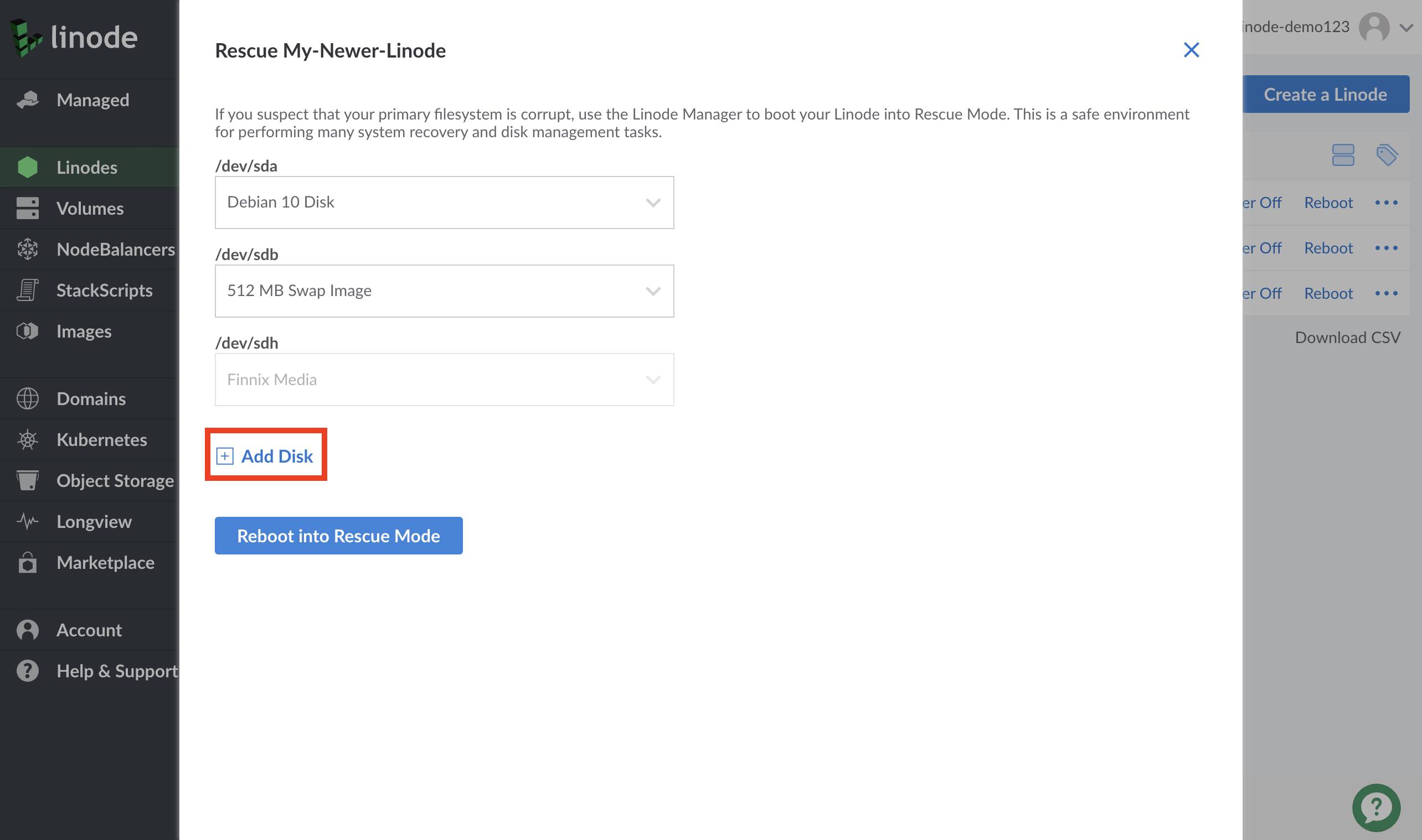 Cloud Manager Rescue form - Add Disk highlighted Cloud Manager Rescue form - Add Disk highlighted