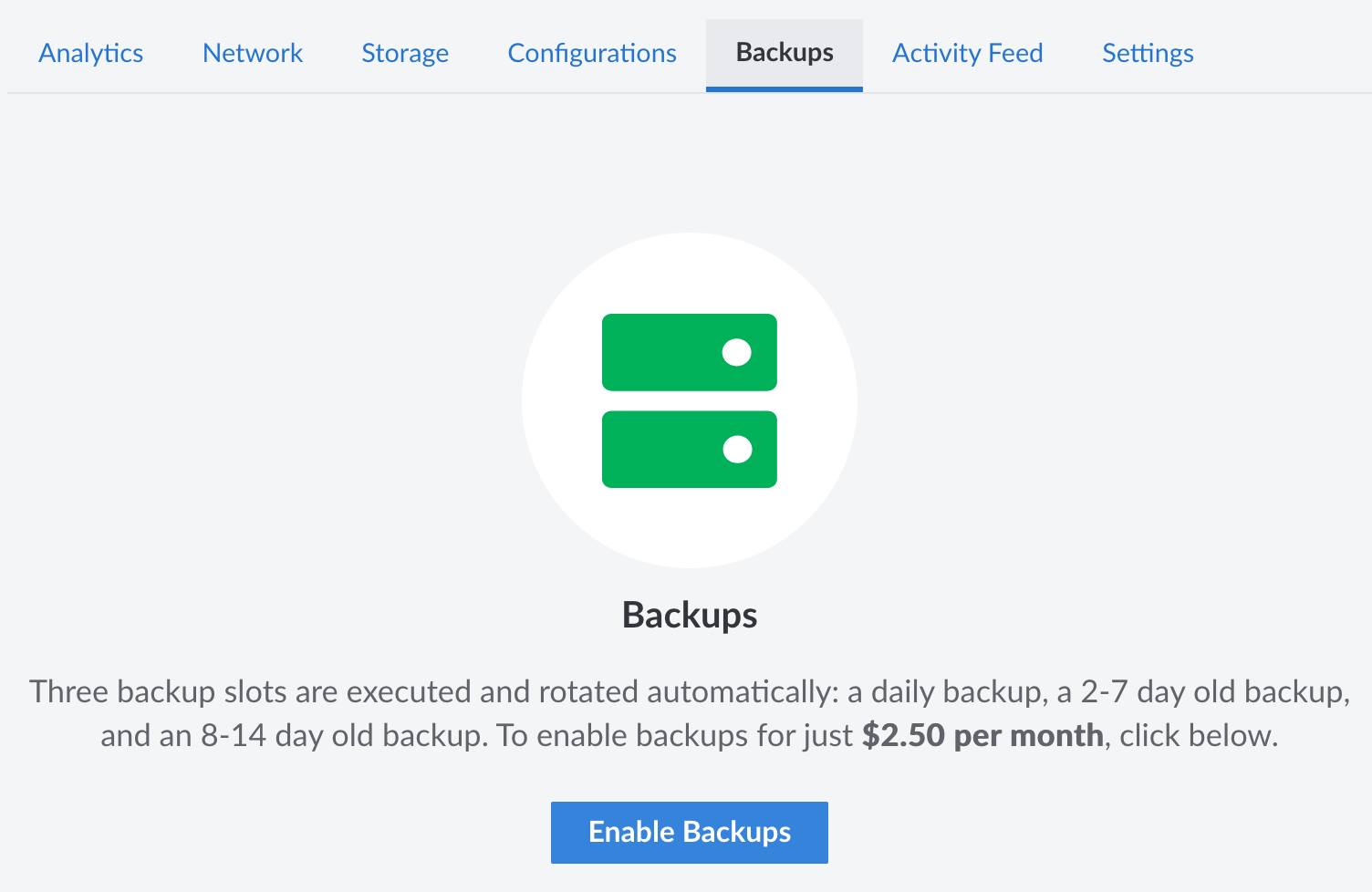 Enable Linode Backups by navigating to the individual Linodes backup menu Enable Linode Backups by navigating to the individual Linodes backup menu